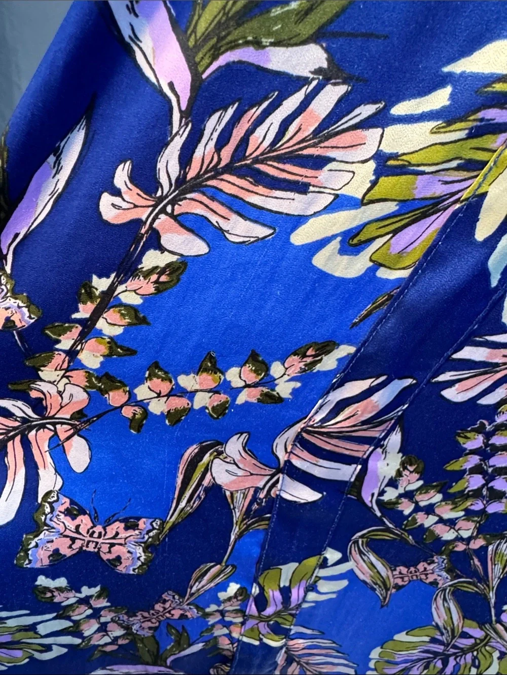 Free People Navy Blue Botanical Satin Button-Down Blouse